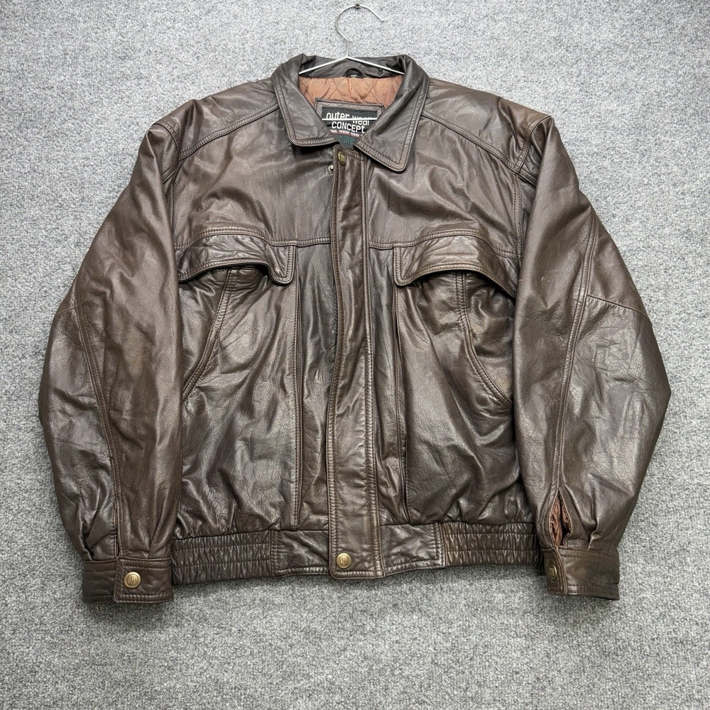 Leather Jacket Men's Bomber Brown Vintage Zipper 90s Size Medium